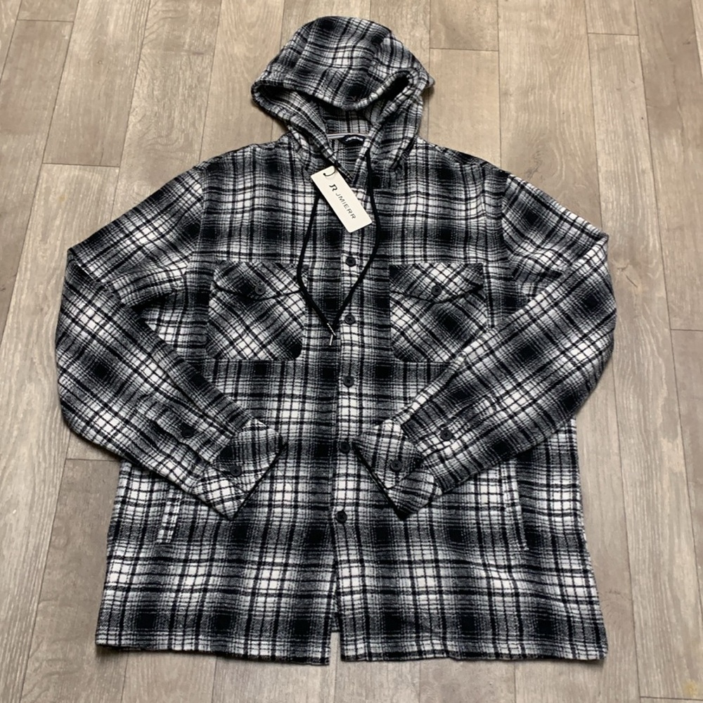 NWT‎ R Jmierr Flannel Plaid Button Down Drawstring Overcoat Shacket Shirt Jacket